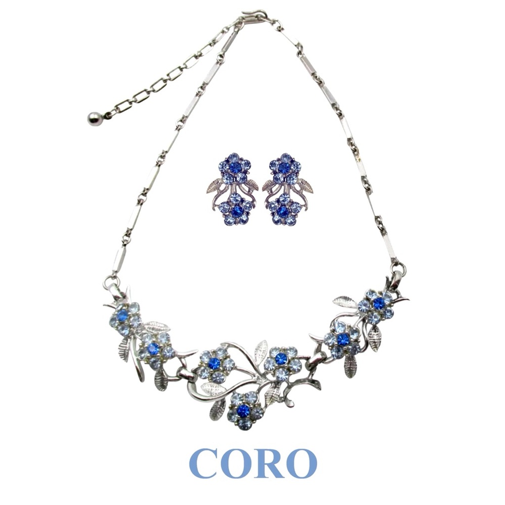 Vintage 1950 Coro Blue Rhinestone Floret Necklace•Clip-on Earrings Set. Pristine